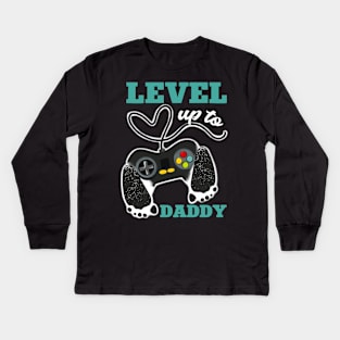 Father's Day Handprint tee Video Game Footprint Gift Leveled Up To Daddy tee Gift For Husband Gamer Dad Gift Kids Long Sleeve T-Shirt